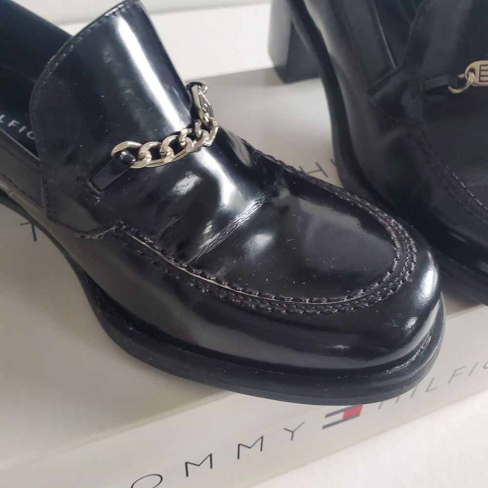 VTG Tommy Hilfiger Women’s Loafers Size 7 Black Patent Loafer Block Heel Y2K - Picture 12 of 13